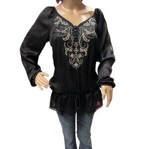 White House Black Market Sheer Womens Small Long Sleeve Tunic Blouse Boho Shirt